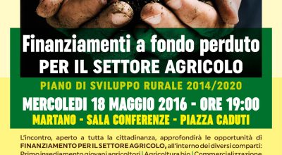 Convegno “Finanziamenti a fondo perduto per il settore agricolo” – Martano 18 maggio ore 19:00