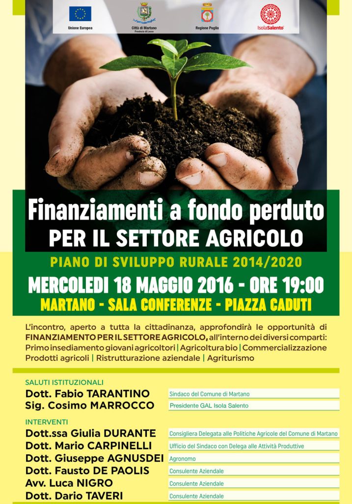 Convegno “Finanziamenti a fondo perduto per il settore agricolo” – Martano 18 maggio ore 19:00